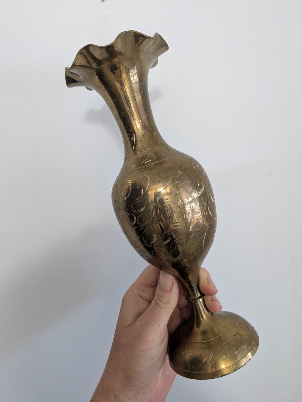 Vintage Brass Fluted Vase 10" Made In India MCM Etched Flowers Boho Engravings